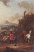 August Querfurt Cavalrymen before a hilltop town Spain oil painting artist